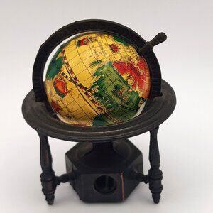 Miniature Diecast Brass Metal World Globe Pencil Sharpener Vintage HONG KONG